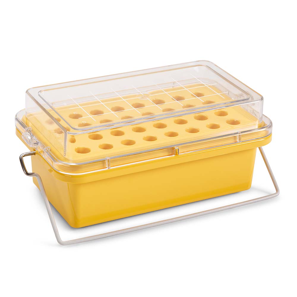 Globe Scientific CryoCool Mini Cooler, -20°C, 32-Place (4x8) for 1.5mL Tubes, Yellow Cooler; Chiller; polycarbonate cooler; cryogenic cooler; -20°C
